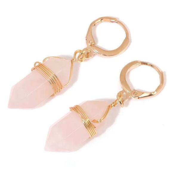 Rose Quartz Gold Handmade Boho Gemstone Crystal Hoop Earrings Hoops Jewelry - Picture 3 of 10